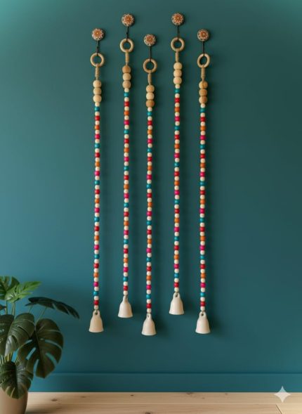 Blessing Macrame with Ceramic Bell Hanging Ornament and Hooks | Boho Macrame Design Wall Decoration for Diwali, Home, Balcony | (Set of 5)