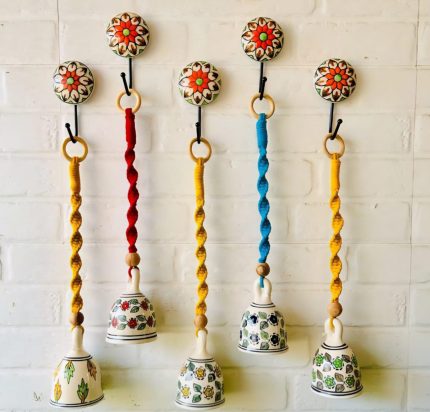 Blessing andcrafted Floral Melody Hanging Bells Flowers Printed Pack of 5 Large Size Ringing Bells (Size 5inch) with Ceramic Hooks,Multicolor